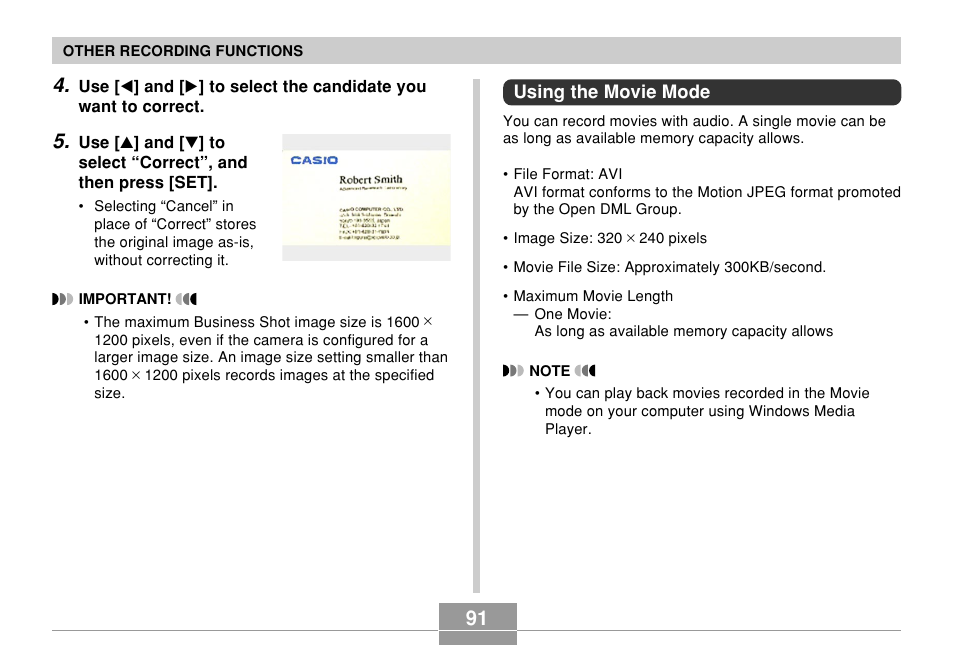 Using the movie mode | Casio EXILIM EX-Z55 User Manual | Page 91 / 208