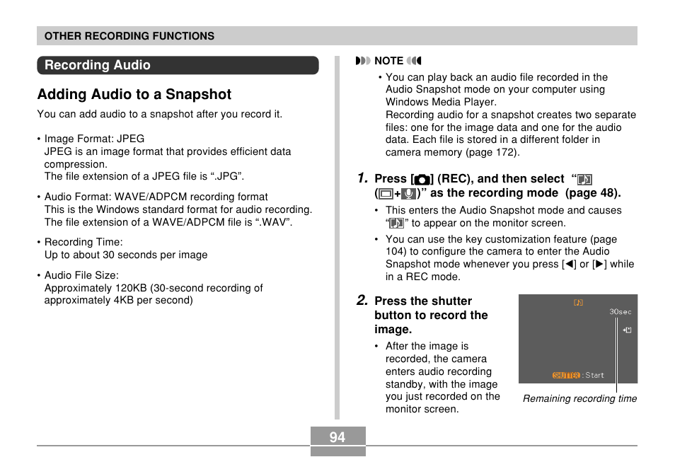 Recording audio, Adding audio to a snapshot | Casio EXILIM EX-Z55 User Manual | Page 94 / 208