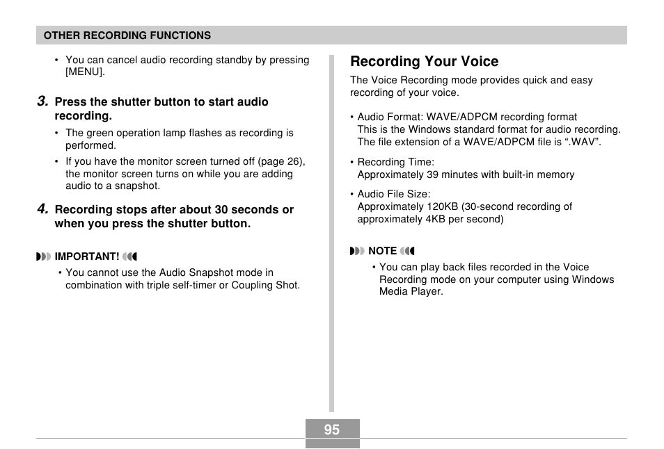 Recording your voice | Casio EXILIM EX-Z55 User Manual | Page 95 / 208