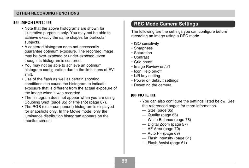 Rec mode camera settings | Casio EXILIM EX-Z55 User Manual | Page 99 / 208