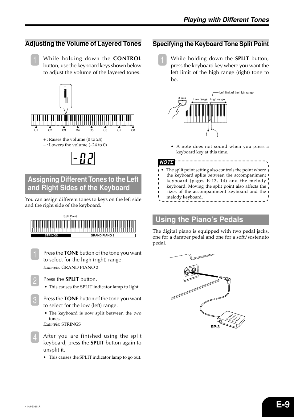 Using the piano’s pedals, Playing with different tones, Adjusting the volume of layered tones | Specifying the keyboard tone split point | Casio PX500L User Manual | Page 11 / 36