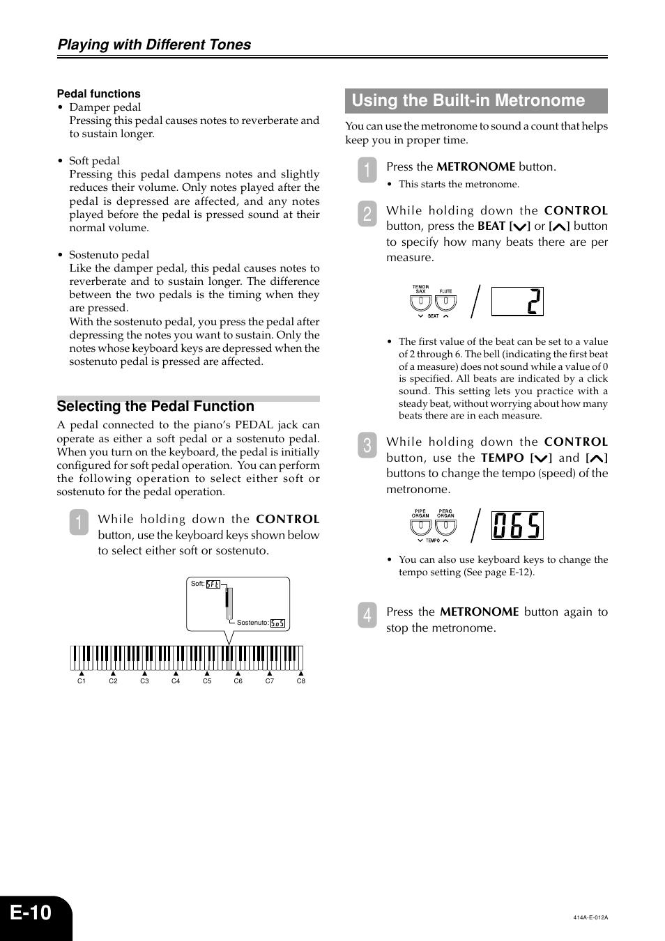 E-10, Using the built-in metronome, Playing with different tones | Selecting the pedal function | Casio PX500L User Manual | Page 12 / 36