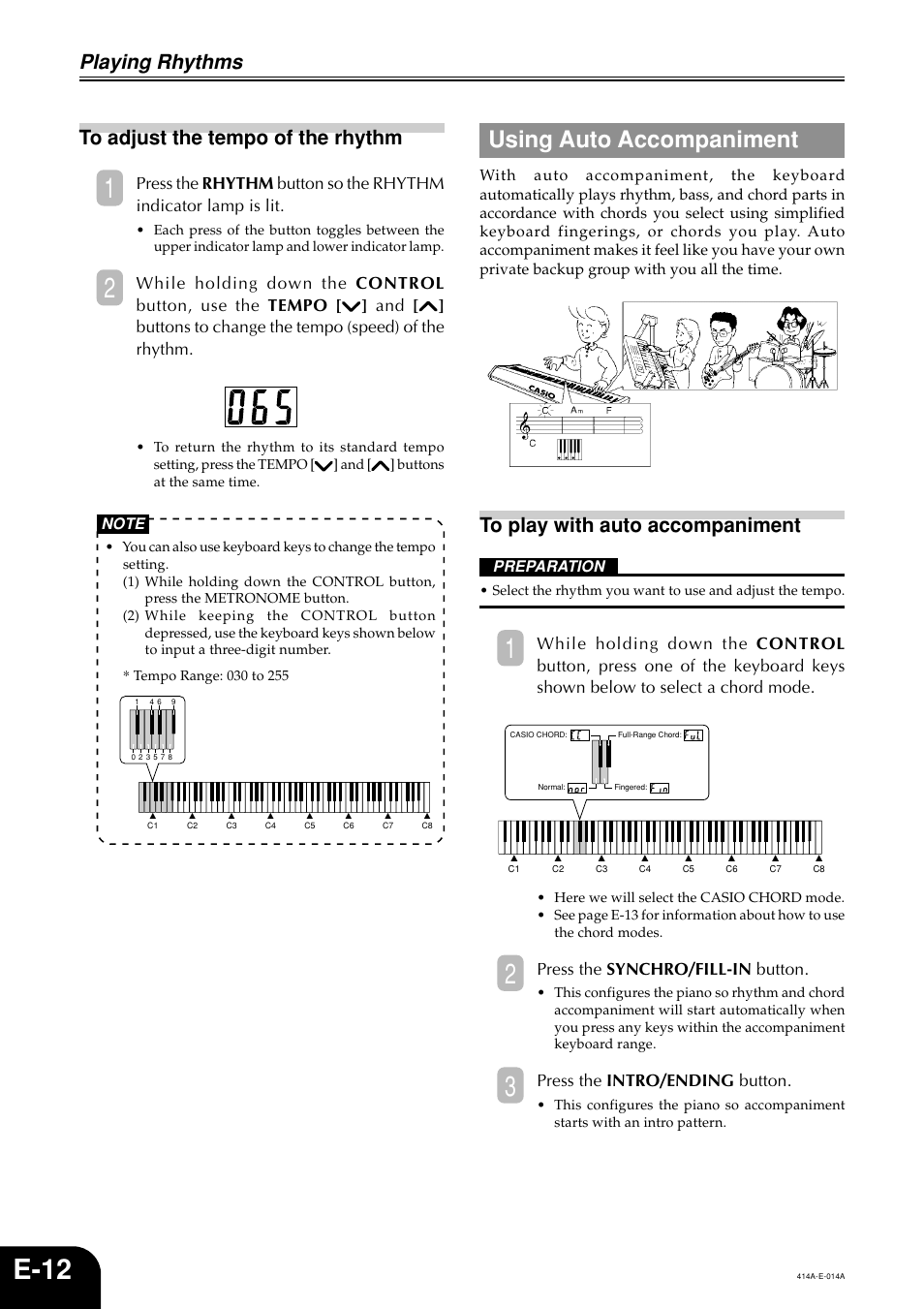 E-12, Using auto accompaniment, Playing rhythms | Press the synchro/fill-in button, Press the intro/ending button | Casio PX500L User Manual | Page 14 / 36