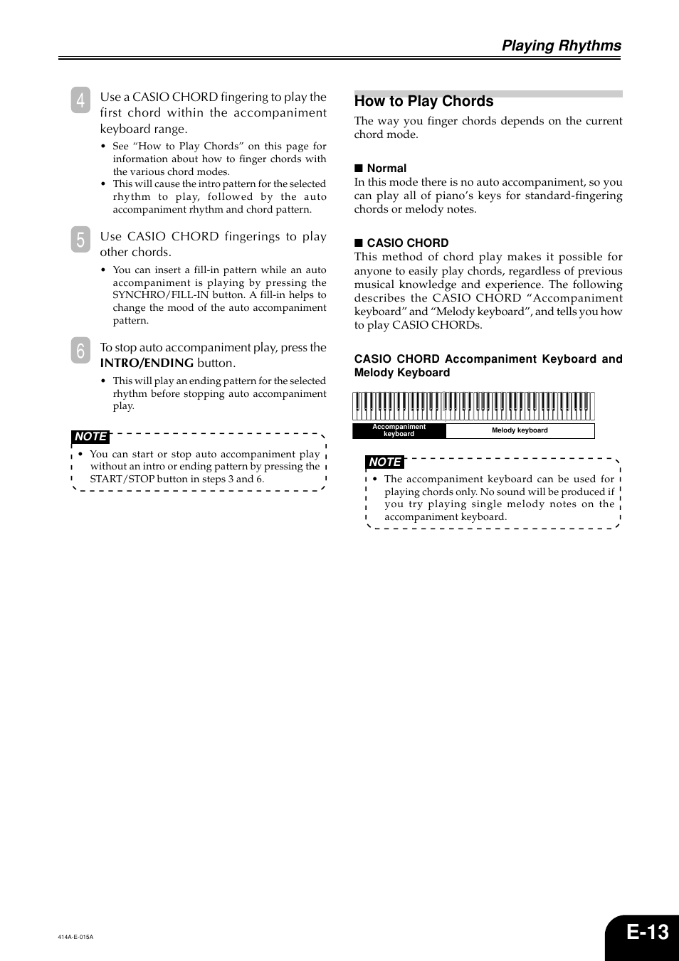 E-13, Playing rhythms, How to play chords | Casio PX500L User Manual | Page 15 / 36