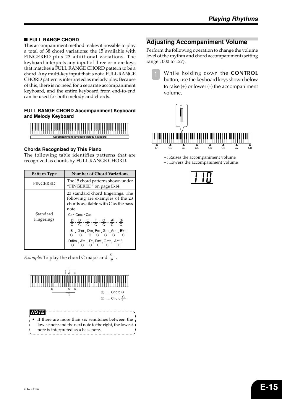 E-15, Playing rhythms, Adjusting accompaniment volume | Casio PX500L User Manual | Page 17 / 36