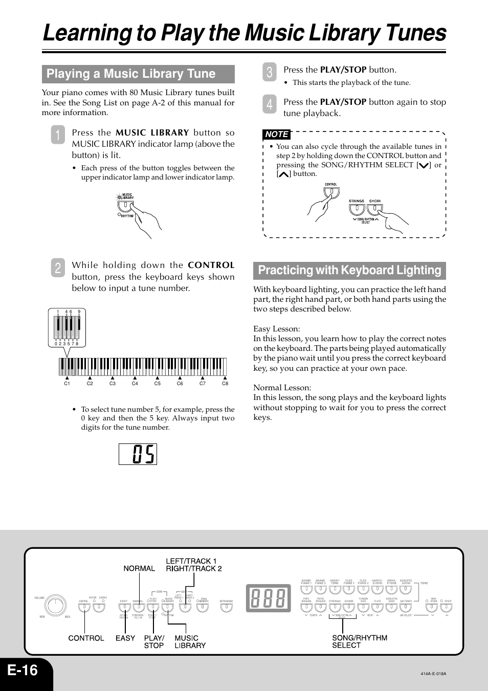 Learning to play the music library tunes, E-16, Playing a music library tune | Practicing with keyboard lighting | Casio PX500L User Manual | Page 18 / 36