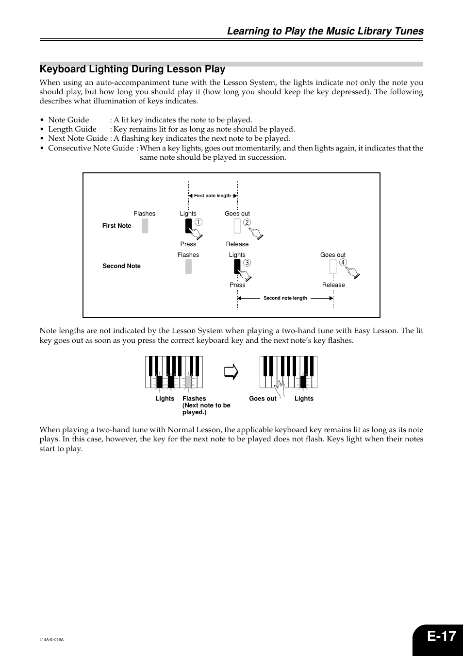 E-17, Learning to play the music library tunes, Keyboard lighting during lesson play | Casio PX500L User Manual | Page 19 / 36