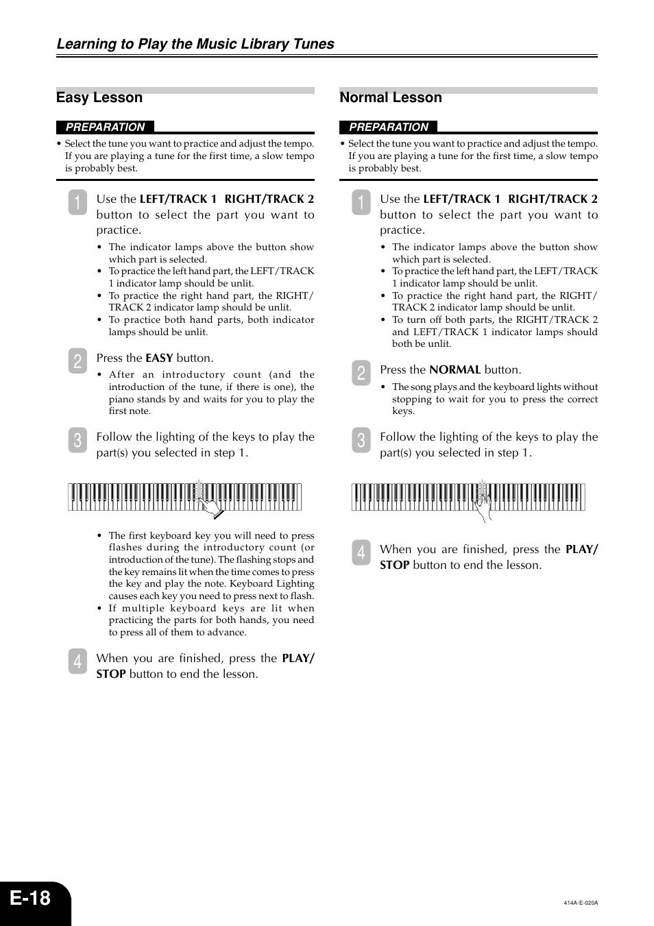 E-18, Learning to play the music library tunes | Casio PX500L User Manual | Page 20 / 36