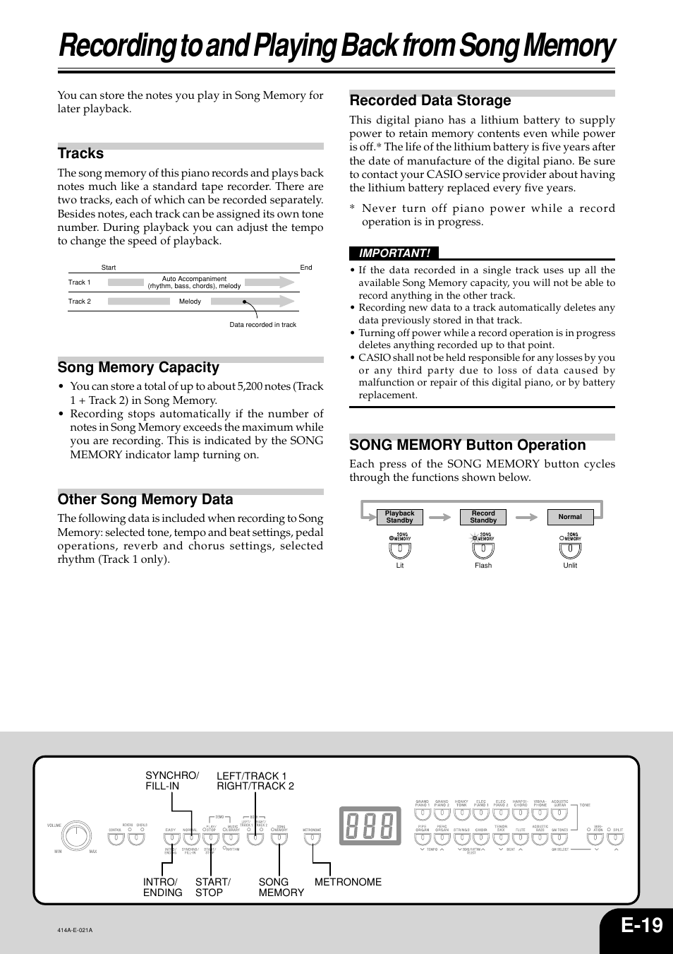 E-19, Tracks, Recorded data storage | Casio PX500L User Manual | Page 21 / 36