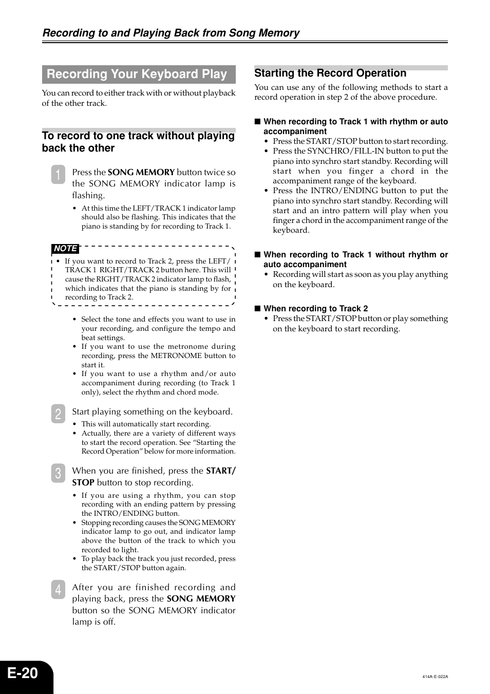 E-20, Recording your keyboard play | Casio PX500L User Manual | Page 22 / 36