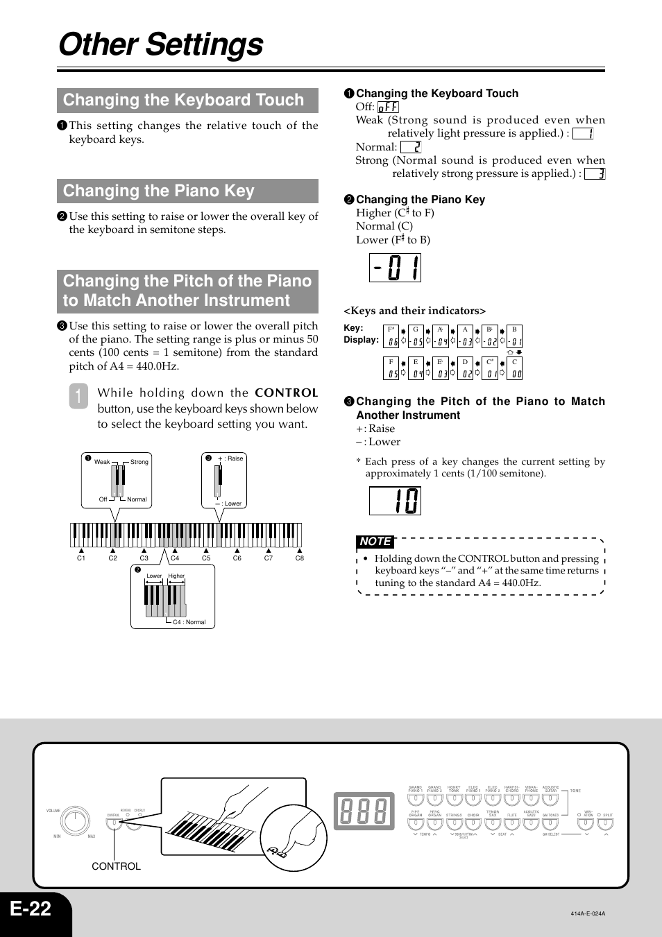 Other settings, E-22, Changing the keyboard touch | Changing the piano key | Casio PX500L User Manual | Page 24 / 36