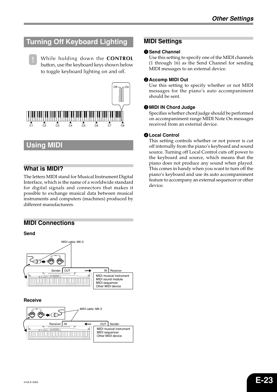 E-23, Turning off keyboard lighting, Using midi | Other settings, Midi settings, What is midi, Midi connections | Casio PX500L User Manual | Page 25 / 36