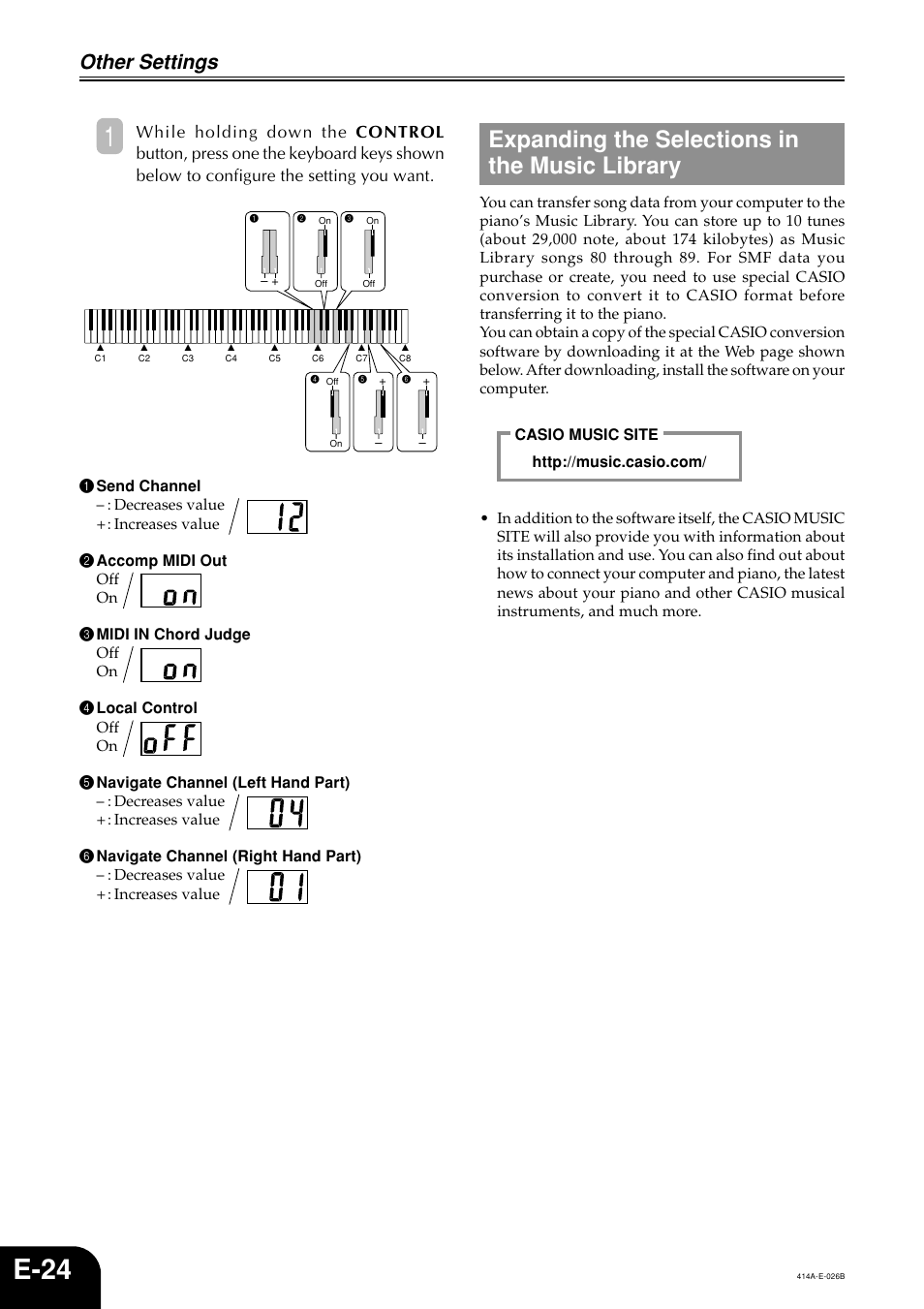 E-24, Expanding the selections in the music library, Other settings | Casio PX500L User Manual | Page 26 / 36