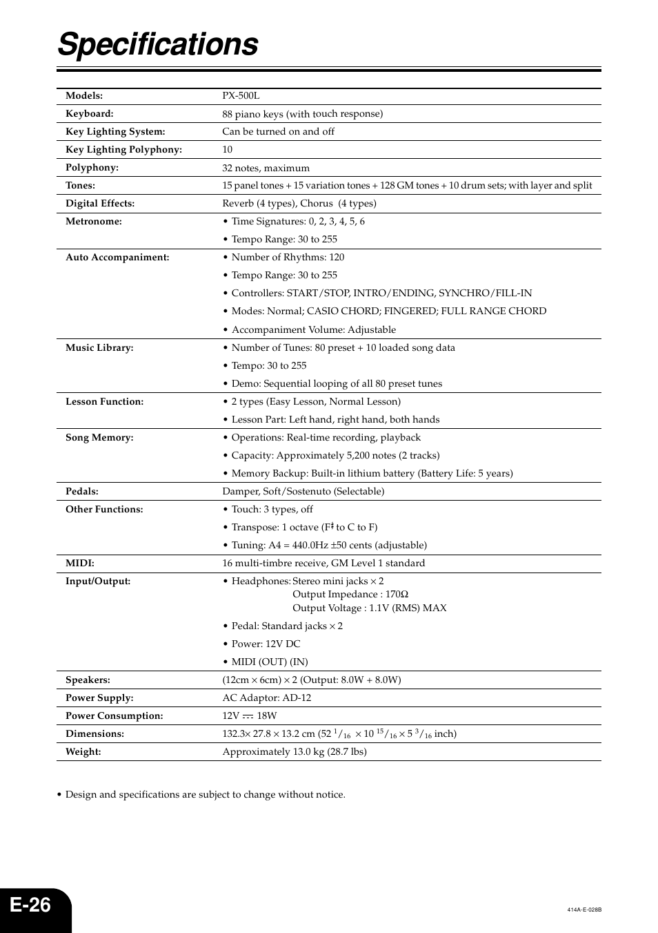 Specifications, E-26 | Casio PX500L User Manual | Page 28 / 36