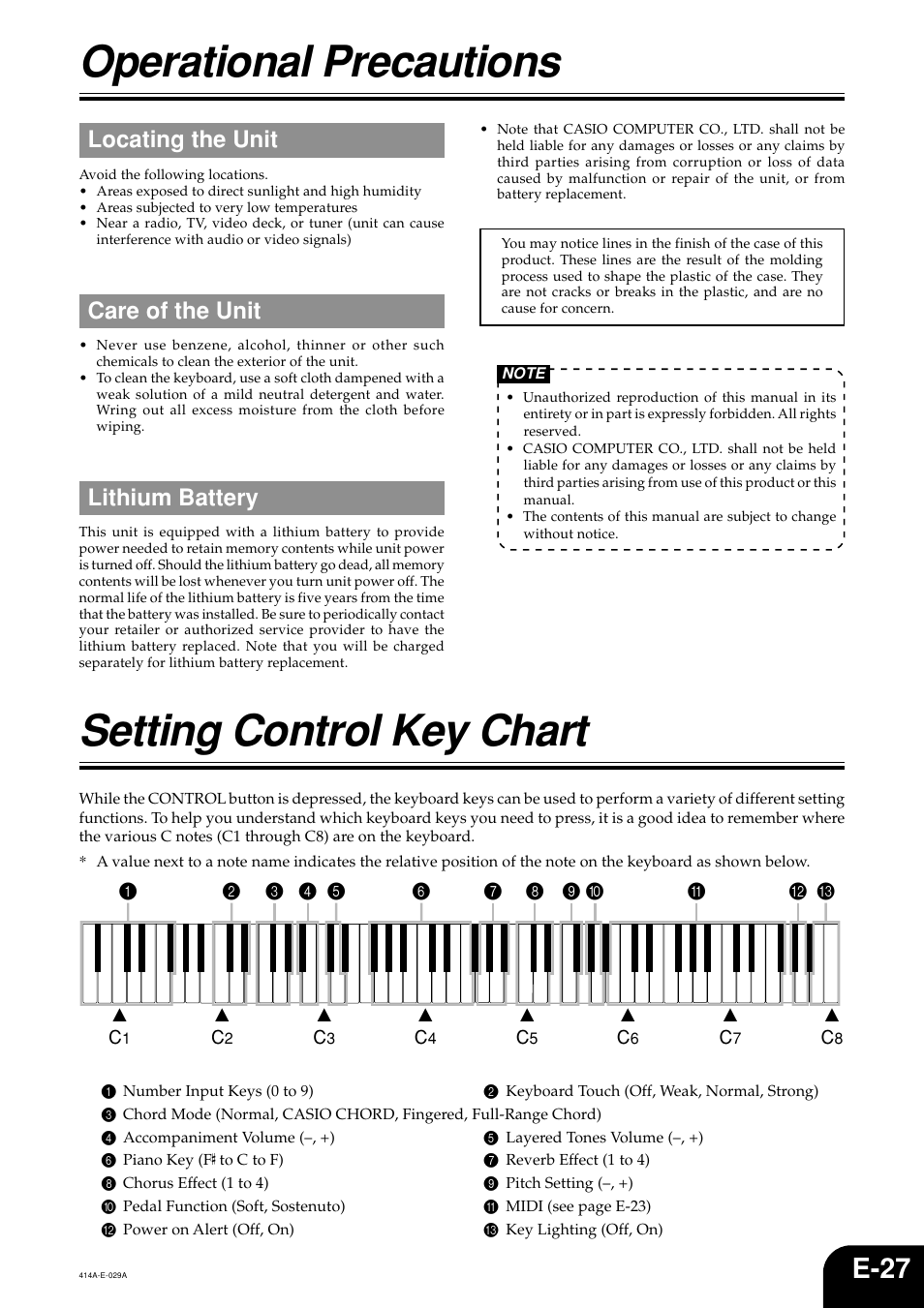 Operational precautions, Setting control key chart, E-27 | Locating the unit, Care of the unit, Lithium battery | Casio PX500L User Manual | Page 29 / 36