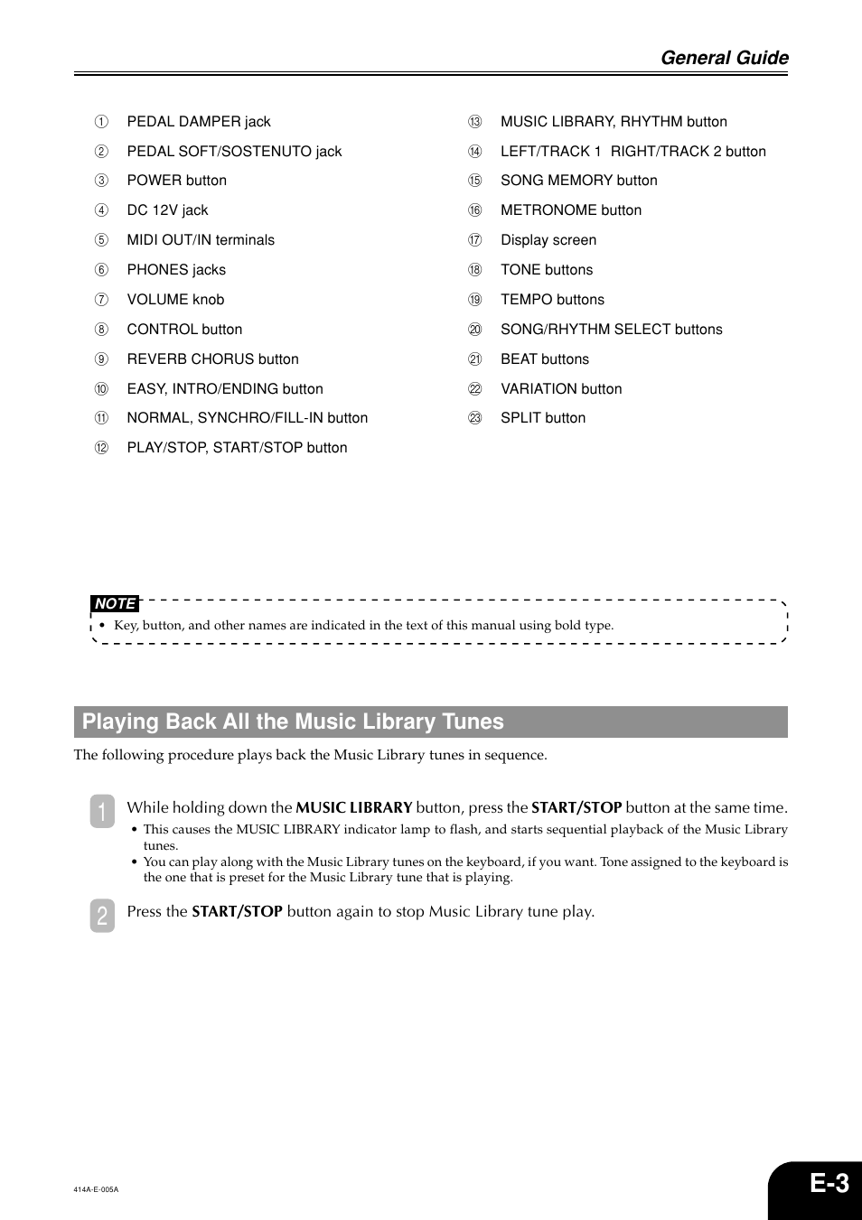 Playing back all the music library tunes, General guide | Casio PX500L User Manual | Page 5 / 36