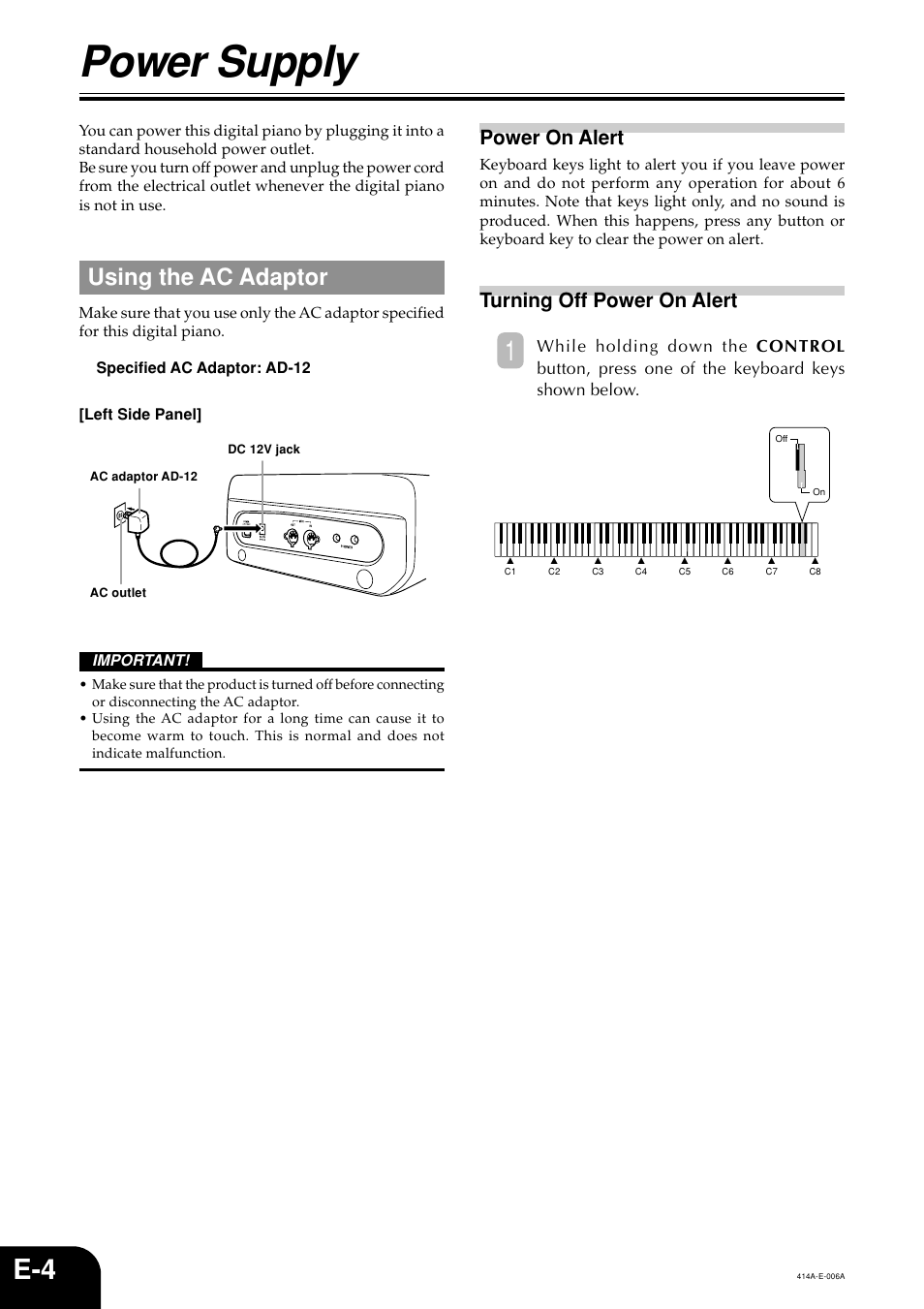 Power supply, Using the ac adaptor, Power on alert | Turning off power on alert | Casio PX500L User Manual | Page 6 / 36