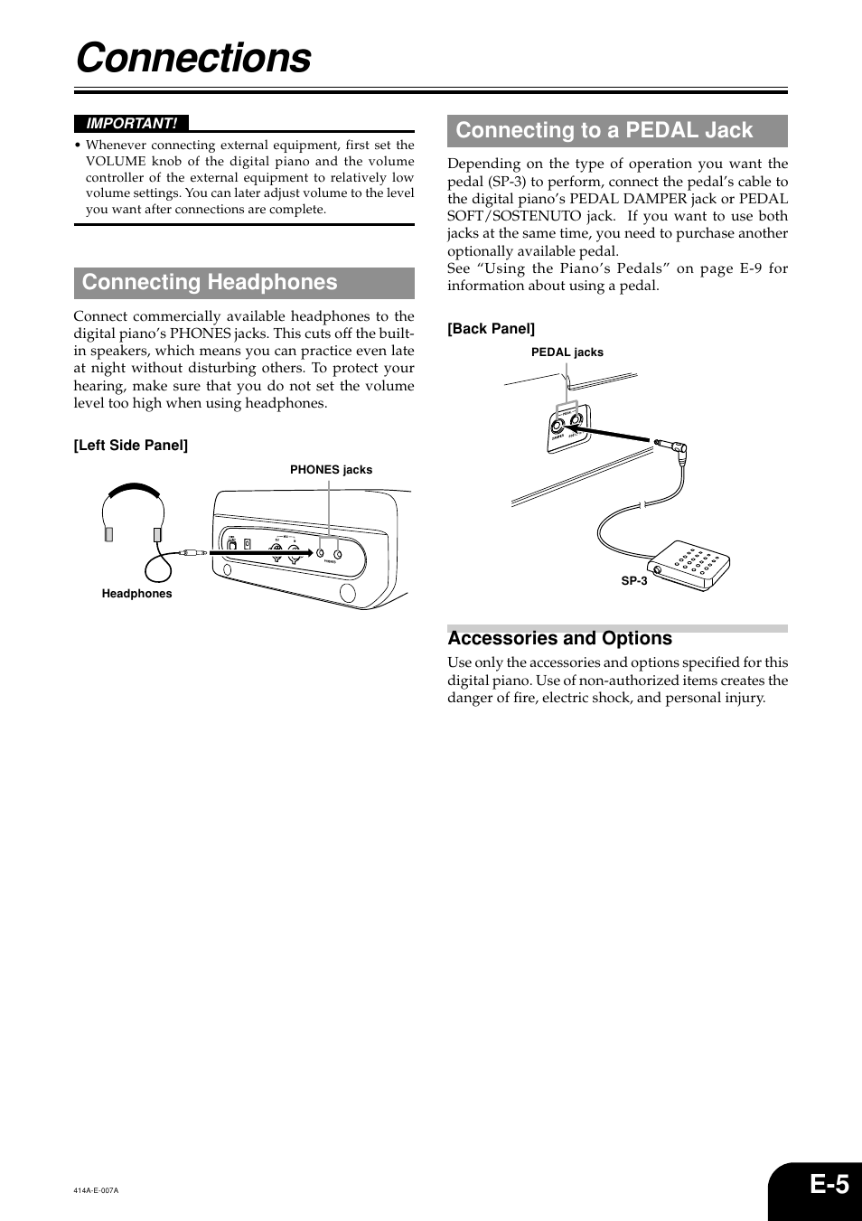 Connections, Connecting headphones, Connecting to a pedal jack | Casio PX500L User Manual | Page 7 / 36