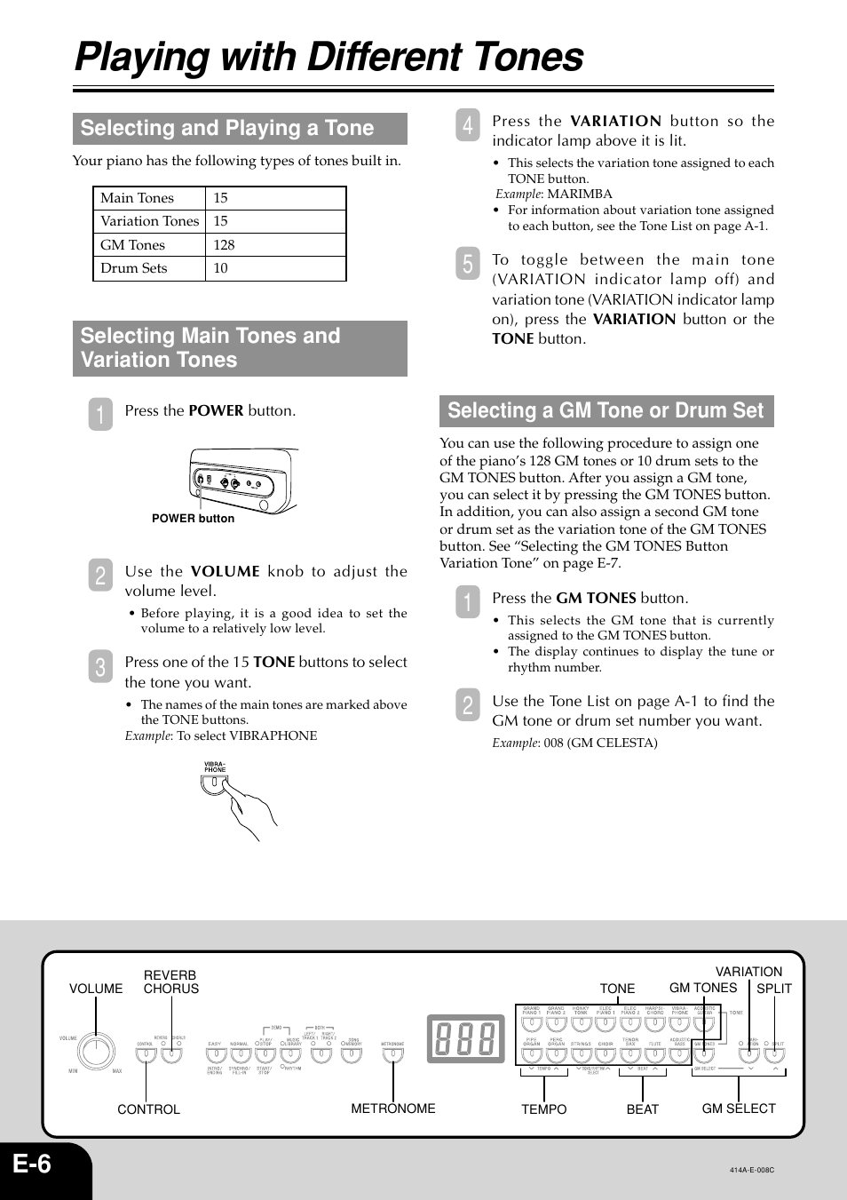 Playing with different tones, Selecting and playing a tone, Selecting main tones and variation tones | Selecting a gm tone or drum set | Casio PX500L User Manual | Page 8 / 36