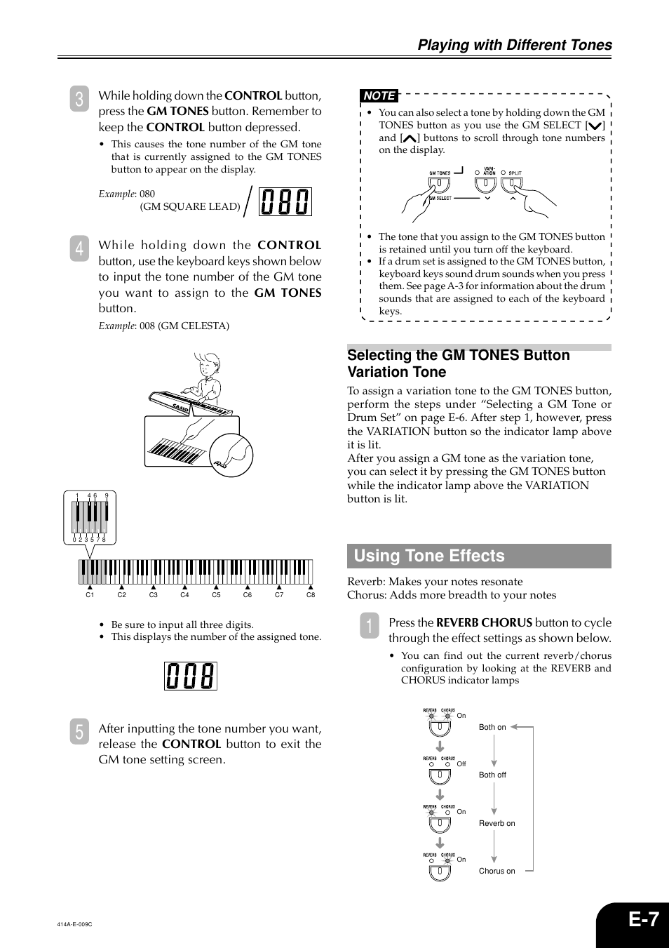 E-7 3, Using tone effects, Playing with different tones | Selecting the gm tones button variation tone | Casio PX500L User Manual | Page 9 / 36