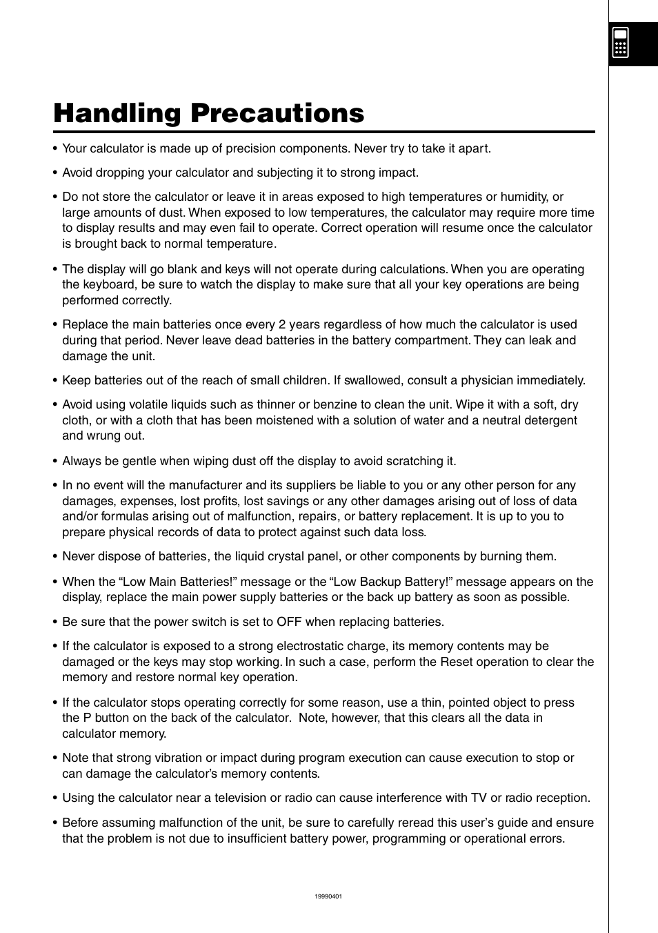 Handling precautions | Casio ALGEBRA FX 1.0 PLUS User Manual | Page 17 / 24