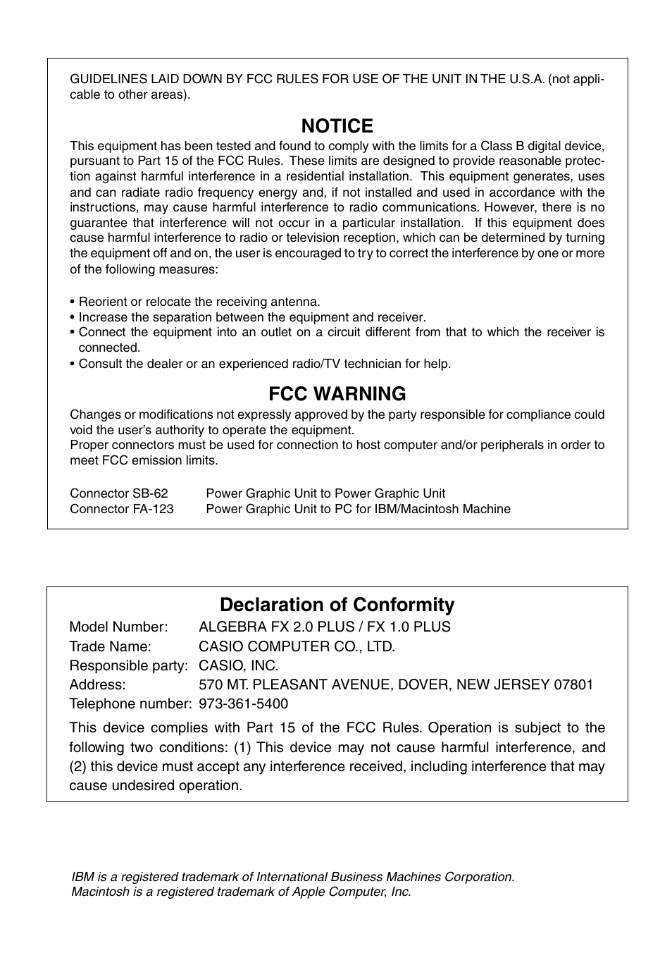 Notice, Fcc warning, Declaration of conformity | Casio ALGEBRA FX 1.0 PLUS User Manual | Page 2 / 24