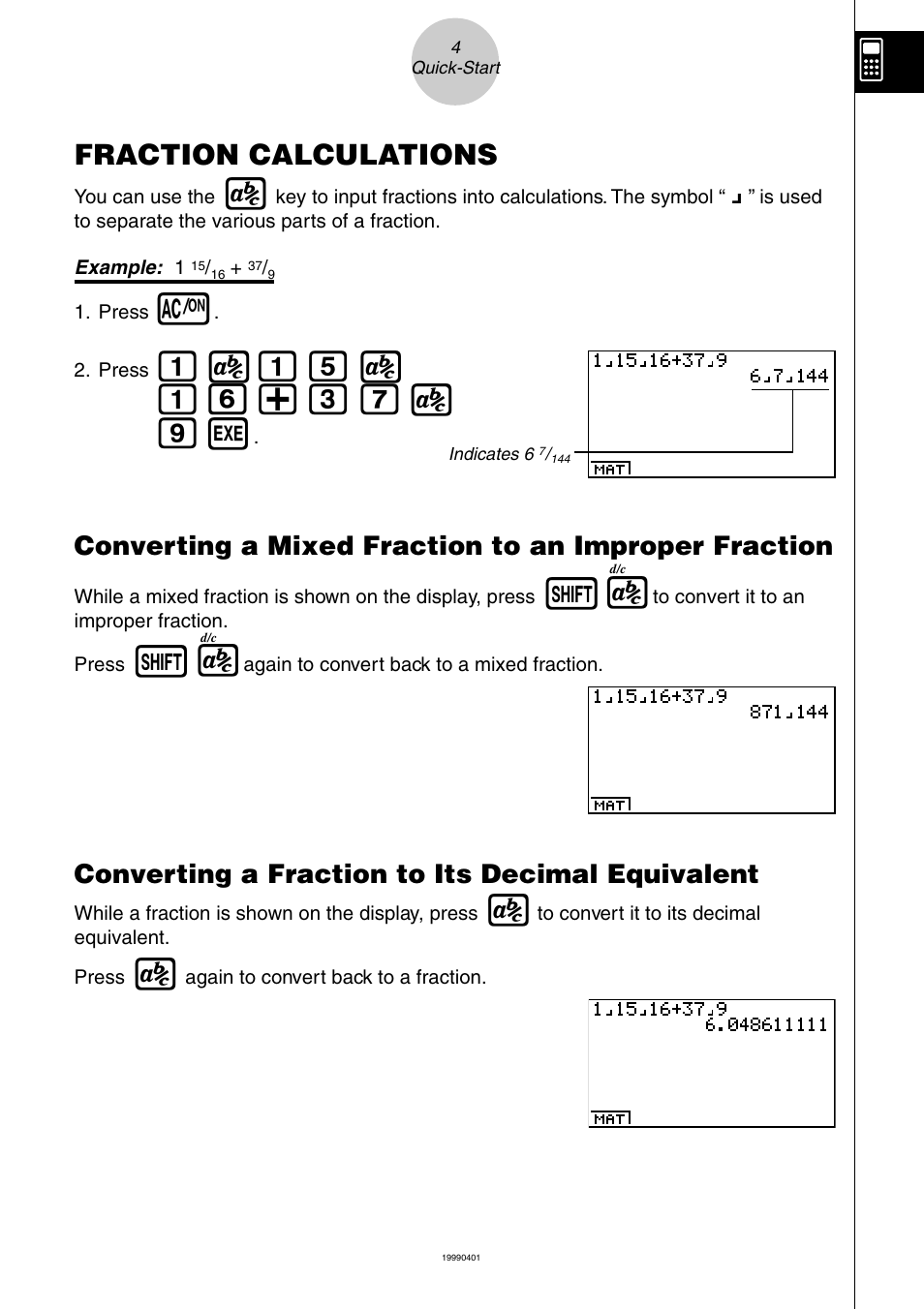 B$bf$ bg+dh $ j w, Fraction calculations, Converting a fraction to its decimal equivalent | Casio ALGEBRA FX 1.0 PLUS User Manual | Page 9 / 24