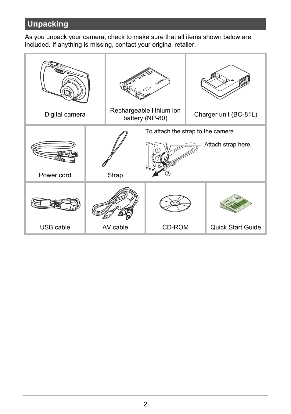 Unpacking | Casio EXILIM EX-S9 User Manual | Page 2 / 145