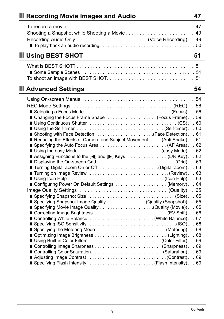 Recording movie images and audio 47, Using best shot 51, Advanced settings 54 | Casio EXILIM EX-S9 User Manual | Page 5 / 145