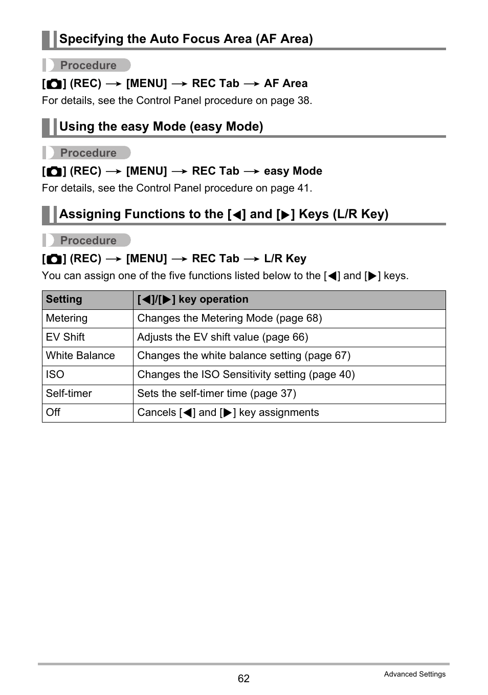 Specifying the auto focus area (af area), Using the easy mode (easy mode) | Casio EXILIM EX-S9 User Manual | Page 62 / 145