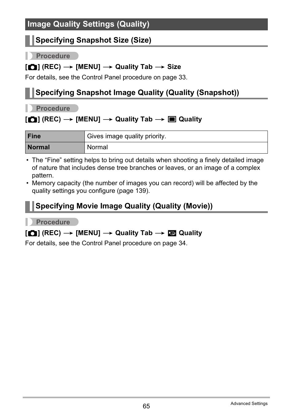 Image quality settings (quality), Specifying snapshot size (size), Specifying movie image quality (quality (movie)) | Casio EXILIM EX-S9 User Manual | Page 65 / 145