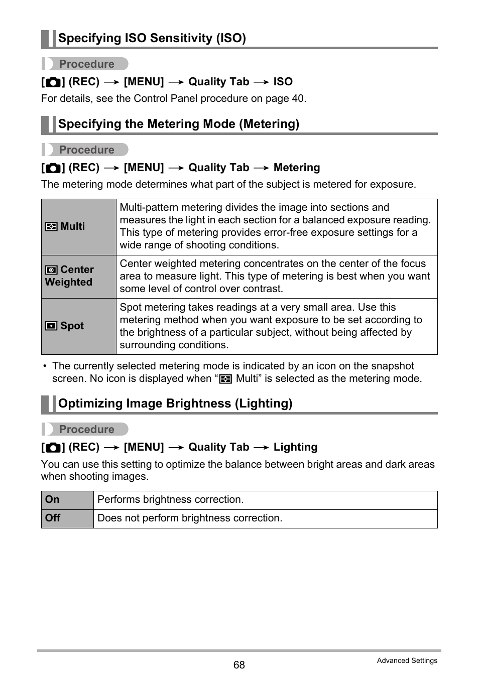 Specifying iso sensitivity (iso), Specifying the metering mode (metering), Optimizing image brightness (lighting) | Casio EXILIM EX-S9 User Manual | Page 68 / 145