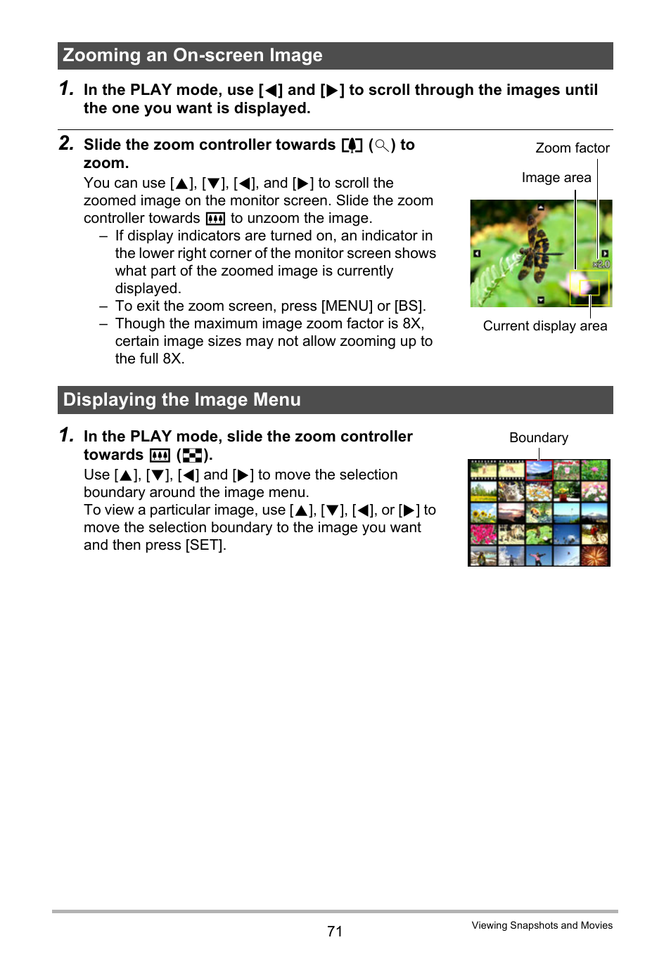 Zooming an on-screen image, Displaying the image menu, Age 71) | Casio EXILIM EX-S9 User Manual | Page 71 / 145