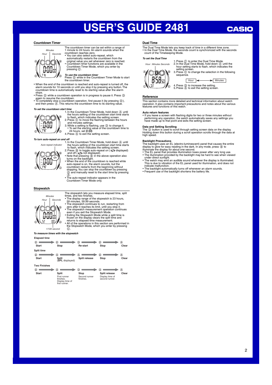 Countdown timer, Stopwatch, Dual time | Reference, User’s guide 2481 | Casio 2481 User Manual | Page 2 / 2