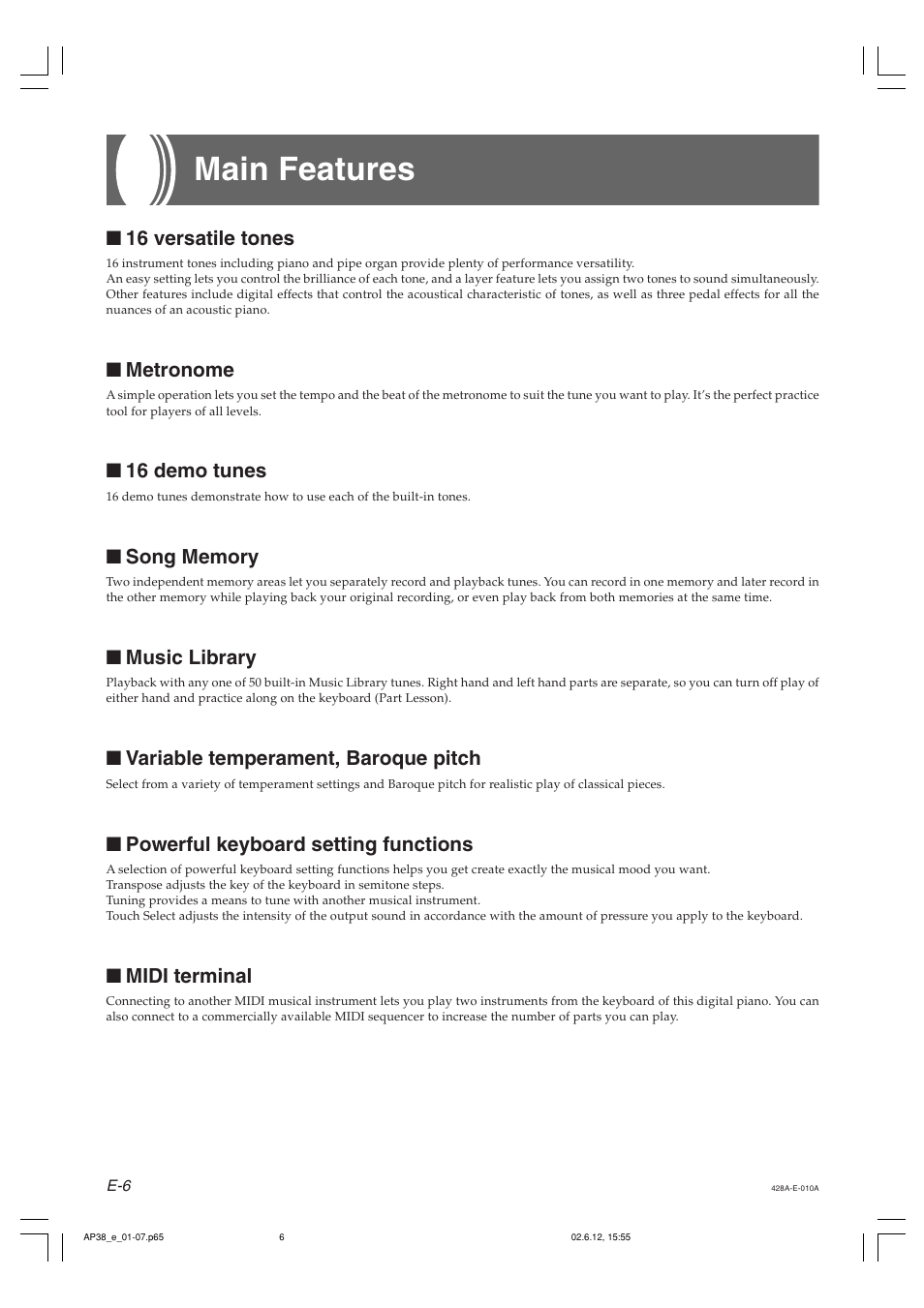 Main features, 16 versatile tones, Metronome | 16 demo tunes, Music library, Variable temperament, baroque pitch, Powerful keyboard setting functions, Midi terminal | Casio AP-38 User Manual | Page 10 / 54