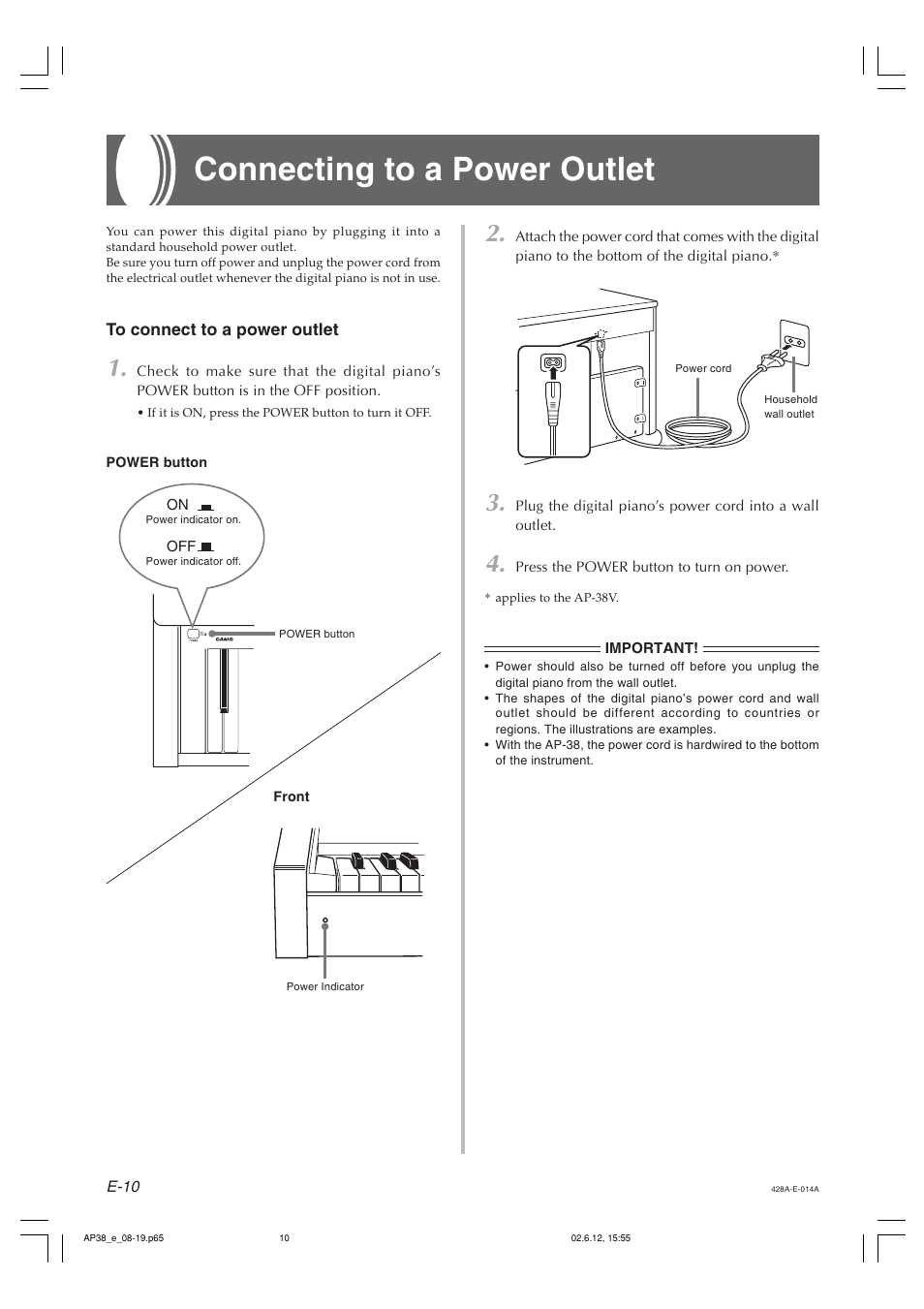 Connecting to a power outlet | Casio AP-38 User Manual | Page 14 / 54