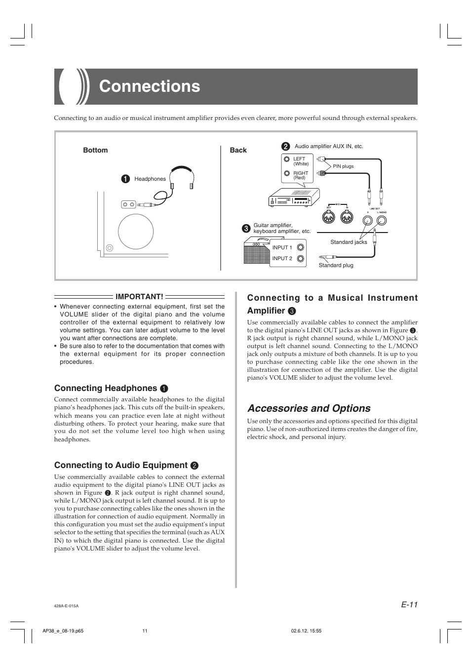 Connections, Accessories and options, Connecting to a musical instrument amplifier 3 | Connecting headphones 1, Connecting to audio equipment 2 | Casio AP-38 User Manual | Page 15 / 54