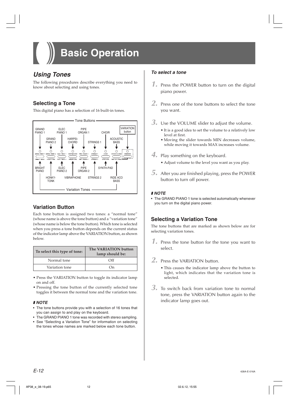 Basic operation, Using tones, Selecting a tone | Variation button, Selecting a variation tone | Casio AP-38 User Manual | Page 16 / 54