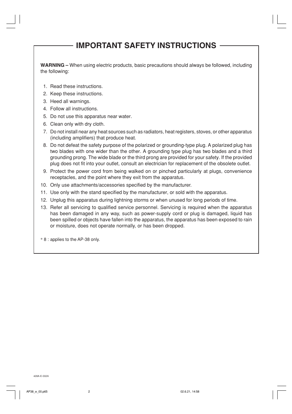 Important safety instructions | Casio AP-38 User Manual | Page 2 / 54