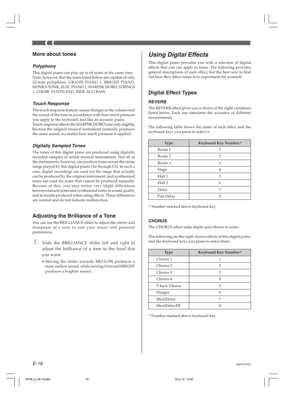 Using digital effects, More about tones, Adjusting the brilliance of a tone | Digital effect types | Casio AP-38 User Manual | Page 20 / 54