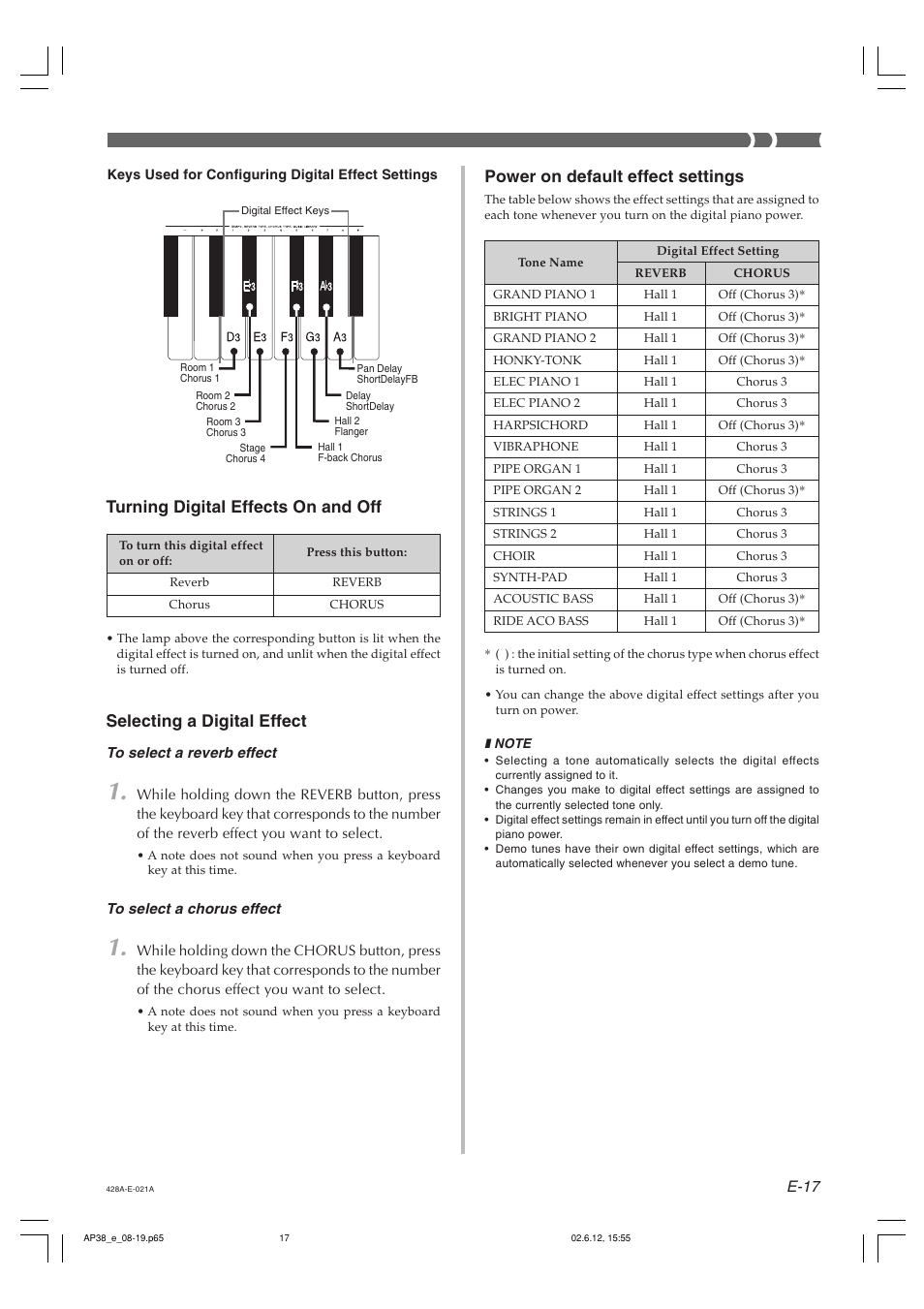 Turning digital effects on and off, Selecting a digital effect, Power on default effect settings | E-17 | Casio AP-38 User Manual | Page 21 / 54