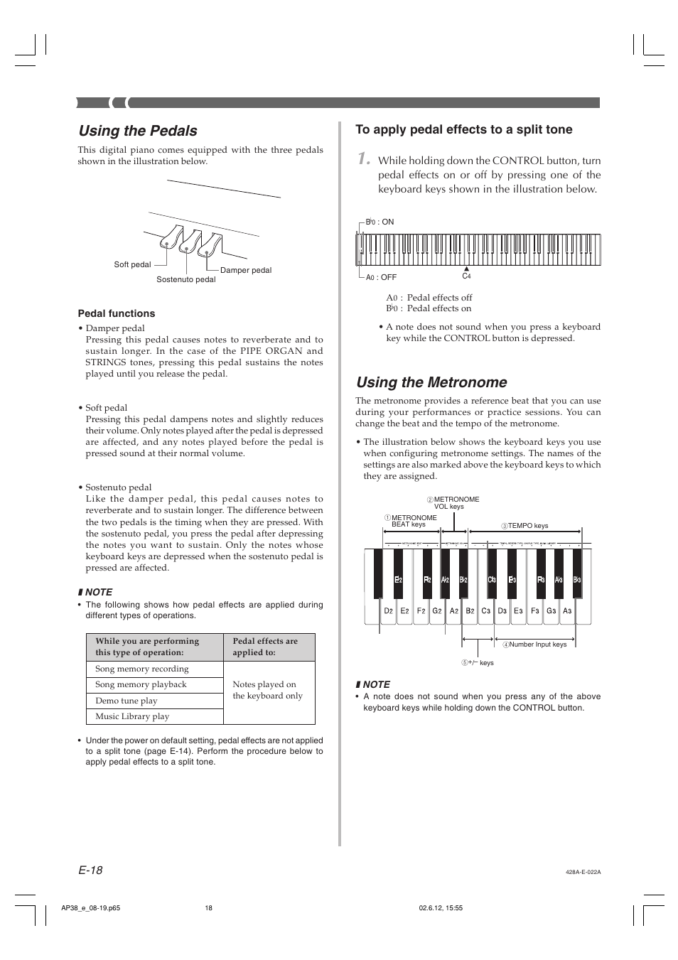 Using the pedals, Using the metronome, E-18 | Casio AP-38 User Manual | Page 22 / 54