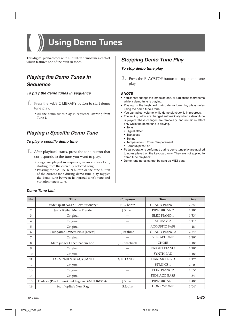 Using demo tunes, Playing the demo tunes in sequence, Playing a specific demo tune | Stopping demo tune play | Casio AP-38 User Manual | Page 27 / 54