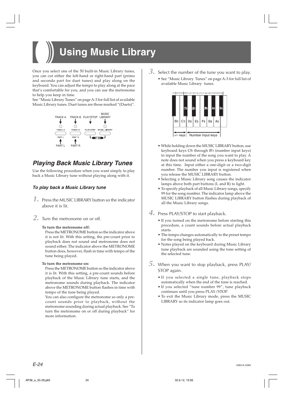 Using music library, Playing back music library tunes | Casio AP-38 User Manual | Page 28 / 54