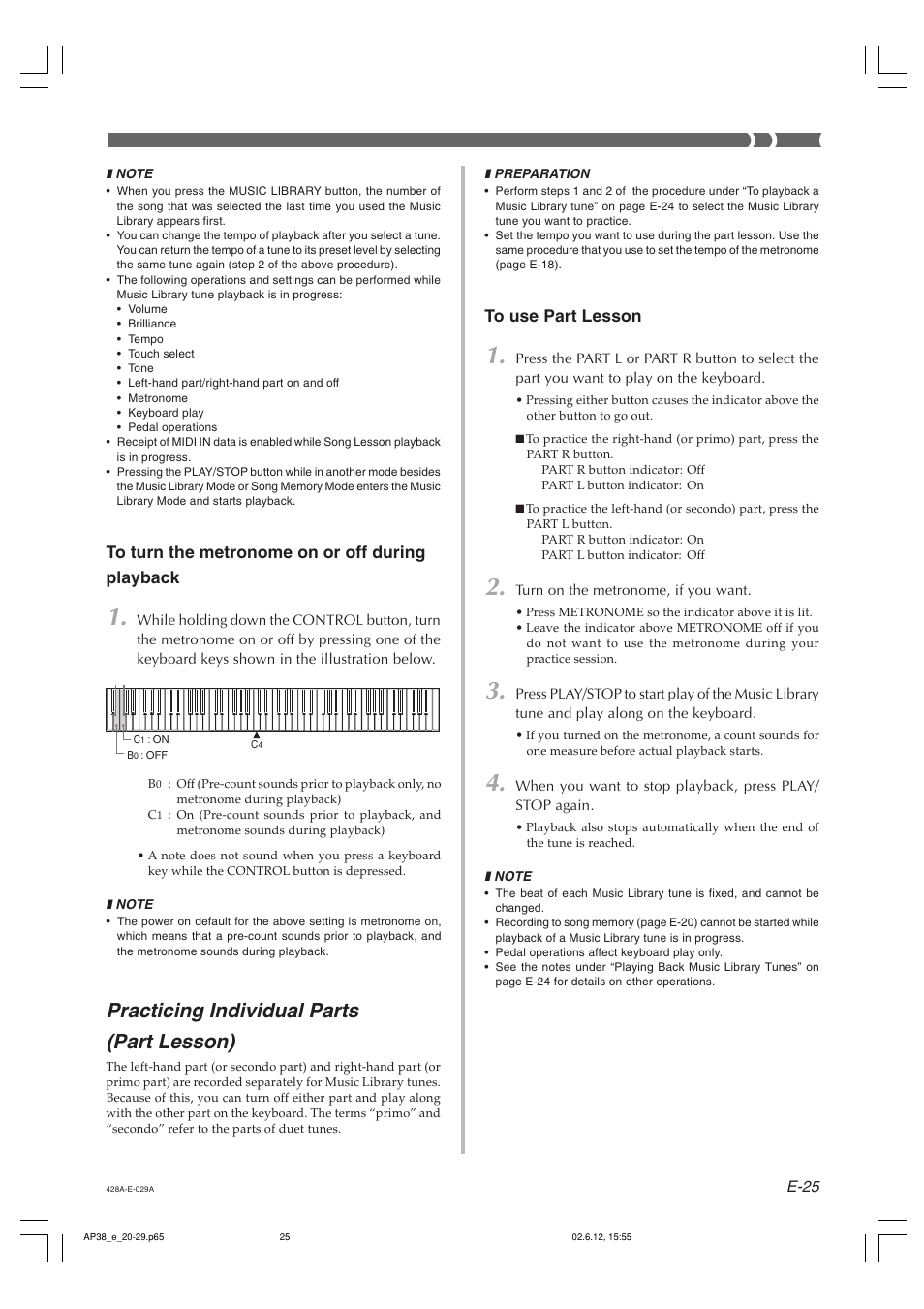 Practicing individual parts (part lesson) | Casio AP-38 User Manual | Page 29 / 54