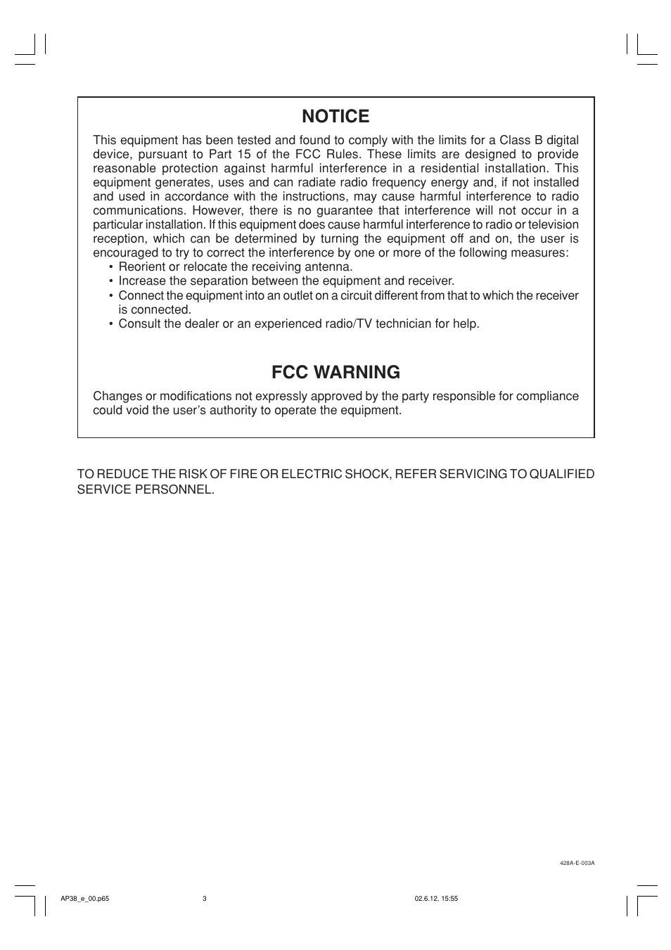 Notice, Fcc warning | Casio AP-38 User Manual | Page 3 / 54