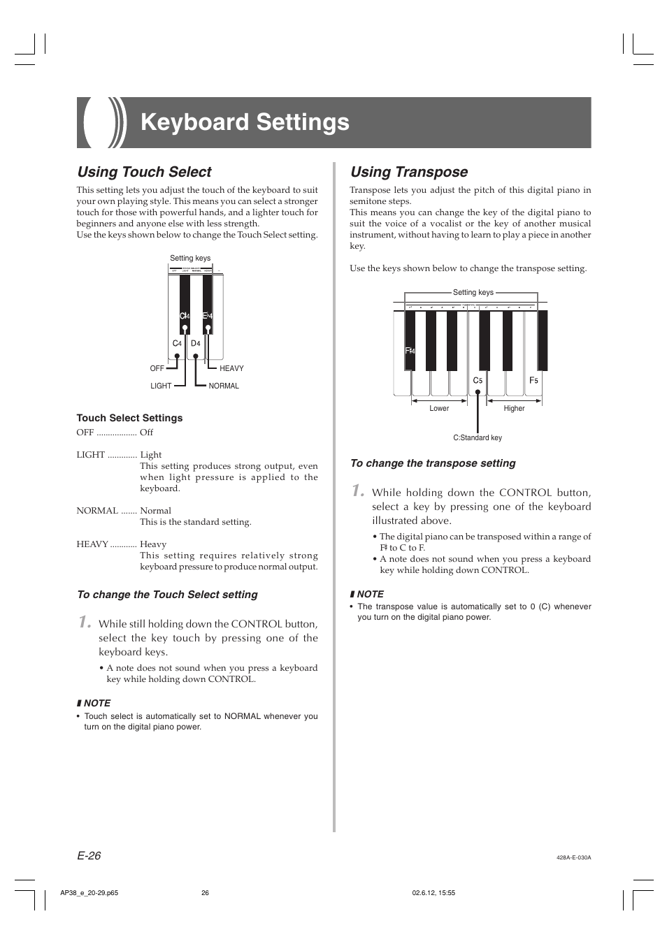 Keyboard settings, Using transpose, Using touch select | Casio AP-38 User Manual | Page 30 / 54