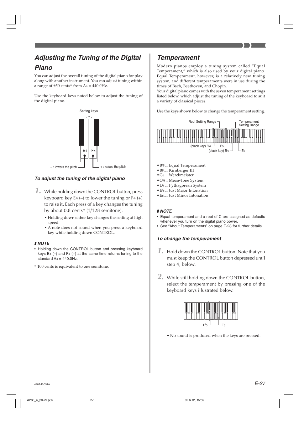 Adjusting the tuning of the digital piano, Temperament, E-27 | Casio AP-38 User Manual | Page 31 / 54