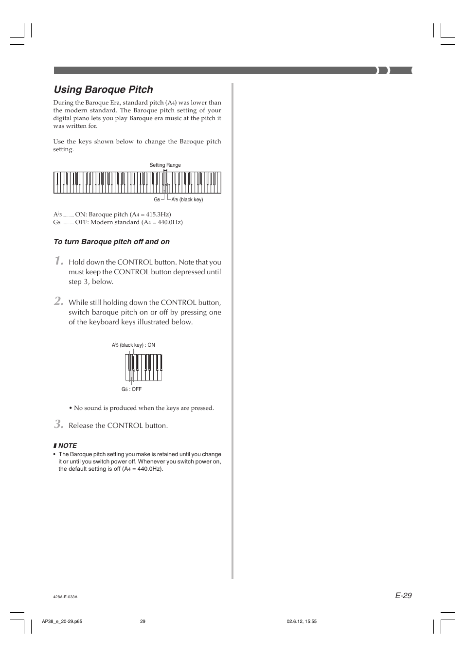 Using baroque pitch, E-29 | Casio AP-38 User Manual | Page 33 / 54