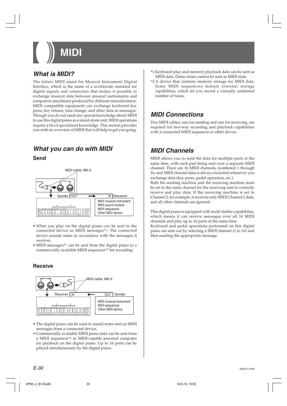 Midi, What is midi, What you can do with midi | Midi connections, Midi channels, Send, Receive, E-30 | Casio AP-38 User Manual | Page 34 / 54